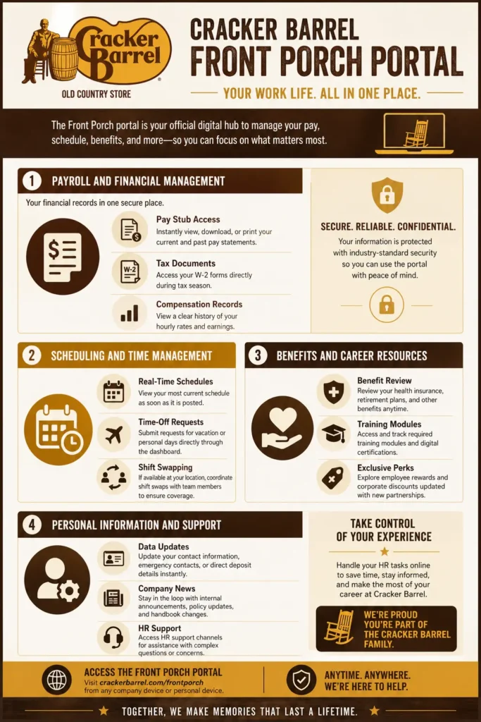 infographic about cracker barrel front porch portal features.